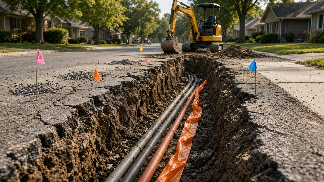 Open utility trench with conduit and warning tape